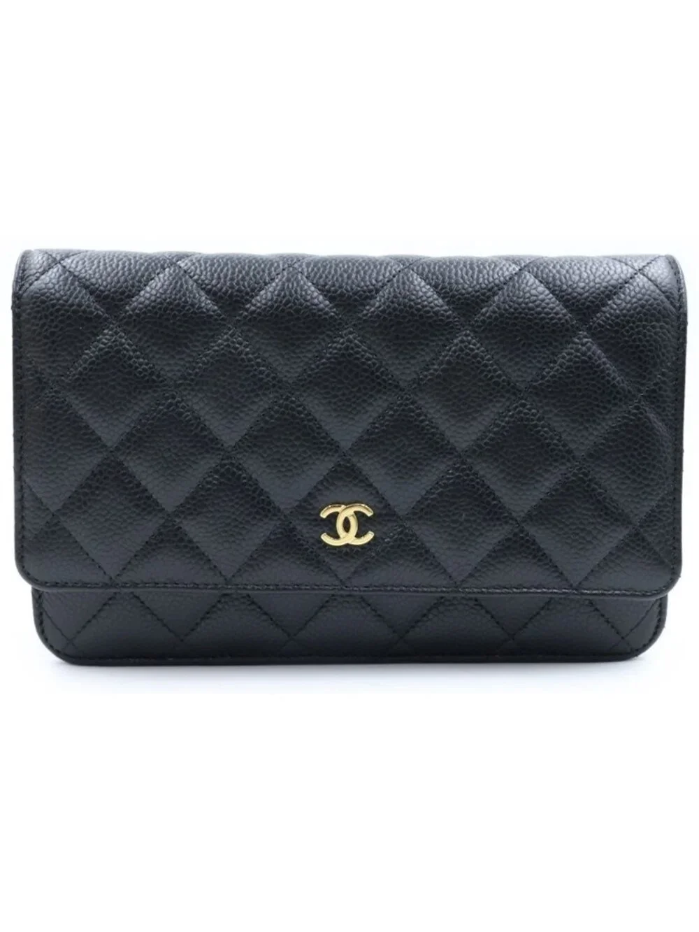 Chanel Quilted Caviar Leather Chain Wallet Shoulder Bag Gold Black Plate